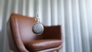 Ein brauner Sessel ist zu sehen. Im Bild hängt eine Taschenuhr, zur Hypnoseanwendung.